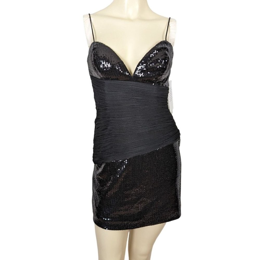 BASIX II Spaghetti strap beaded black‎ mini cocktail party formal dress NEW